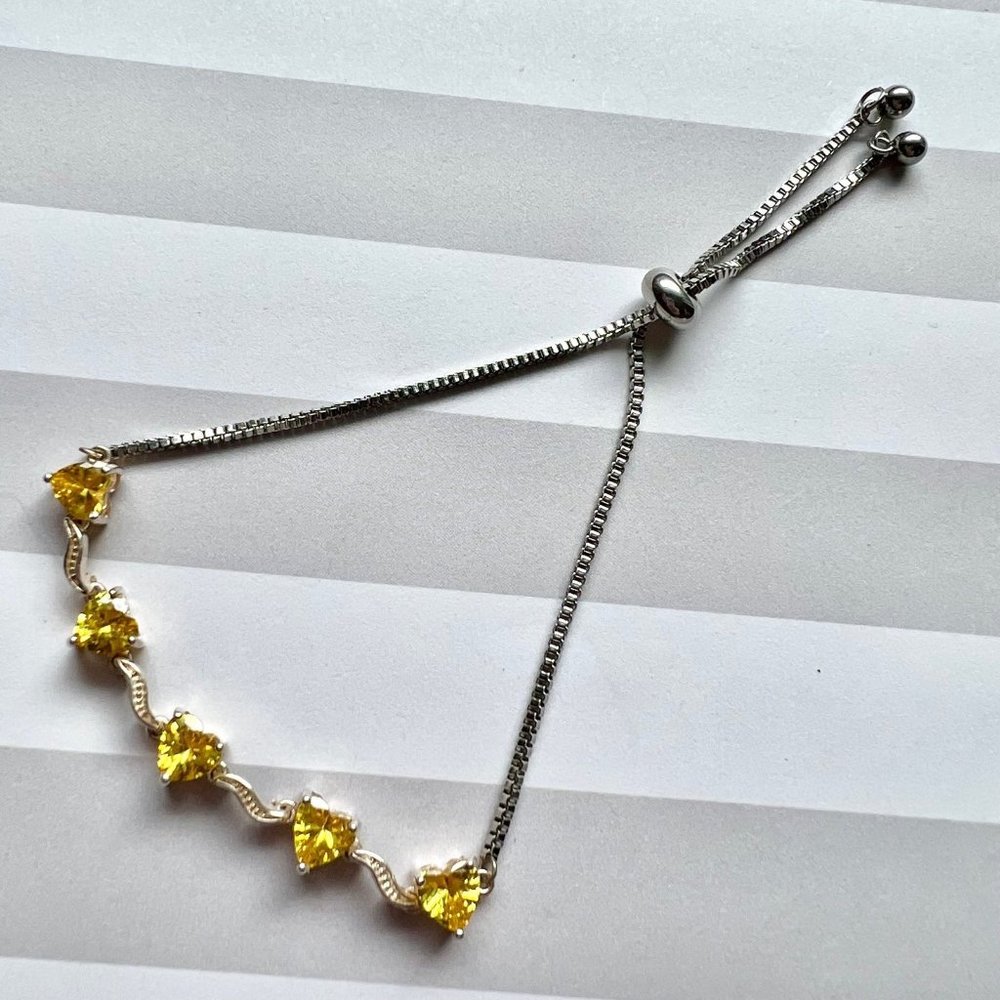 Signed 925 Silver Toggle Bracelet Citrine Crystal Heart Stone Valentine - Picture 4 of 6